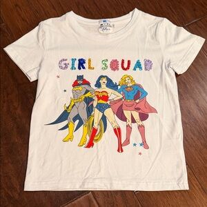 DC Girls' Squad Superhero Graphic Tee - White with Red, Blue, Yellow